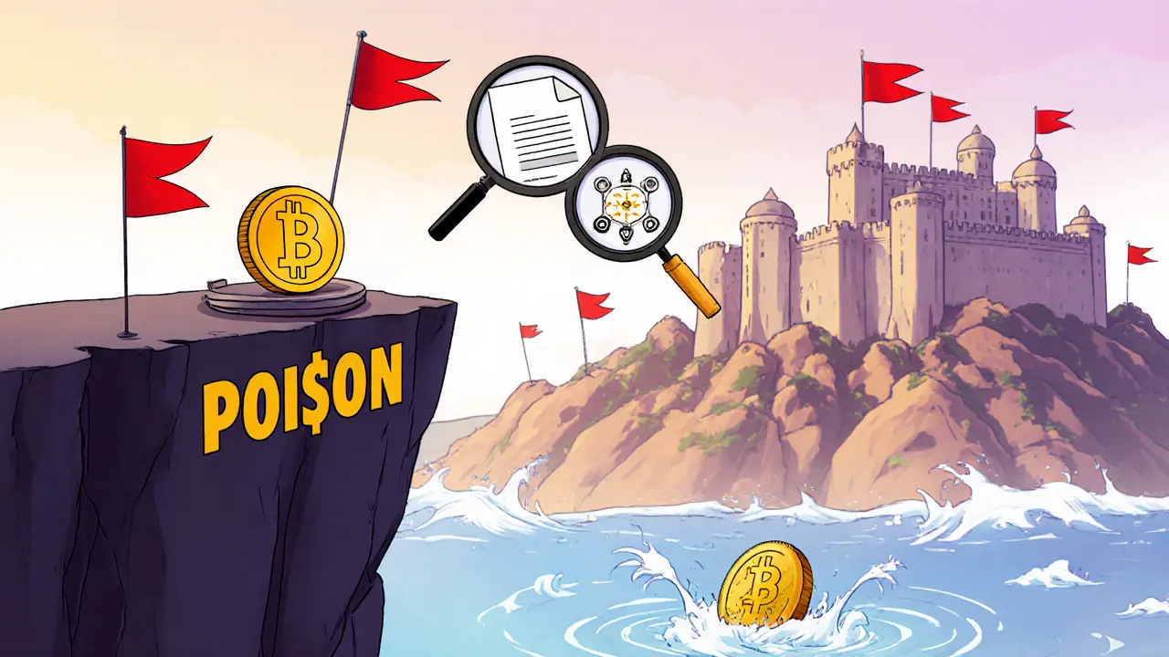 Pixar‑style cliff scene showing POI$ON on a tiny platform with warning flags and a distant fortress.