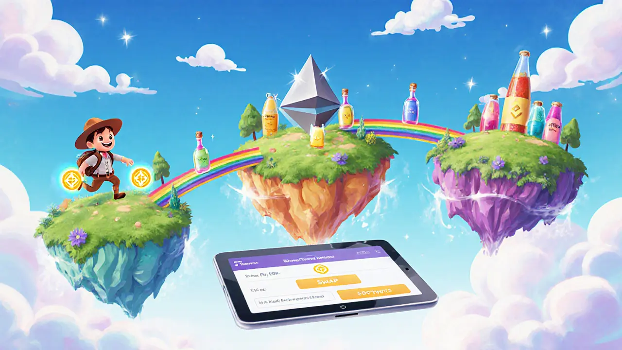 Pixar‑style multichain islands with a character moving POI$ON across rainbow bridges.