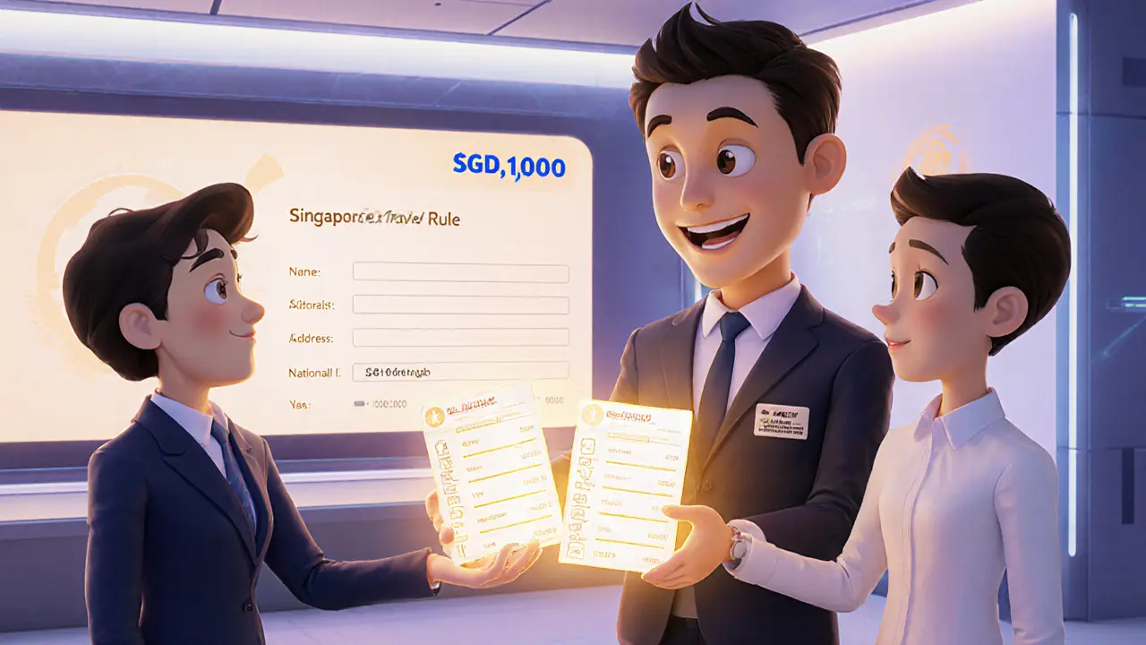 Pixar‑style office showing MAS regulator giving data packets for Singapore's Travel Rule.
