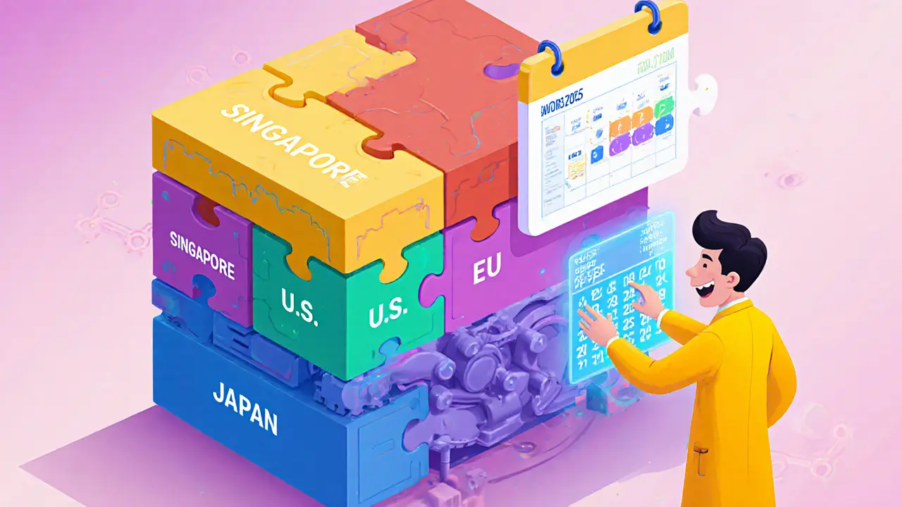 Playful illustration of modular compliance engine with jurisdiction blocks and deadline calendar.