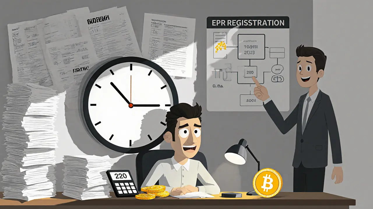Small business owner surrounded by paperwork and a looming fine symbol.