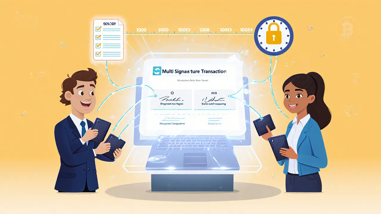 Team of three characters approving a transaction on a holographic interface.