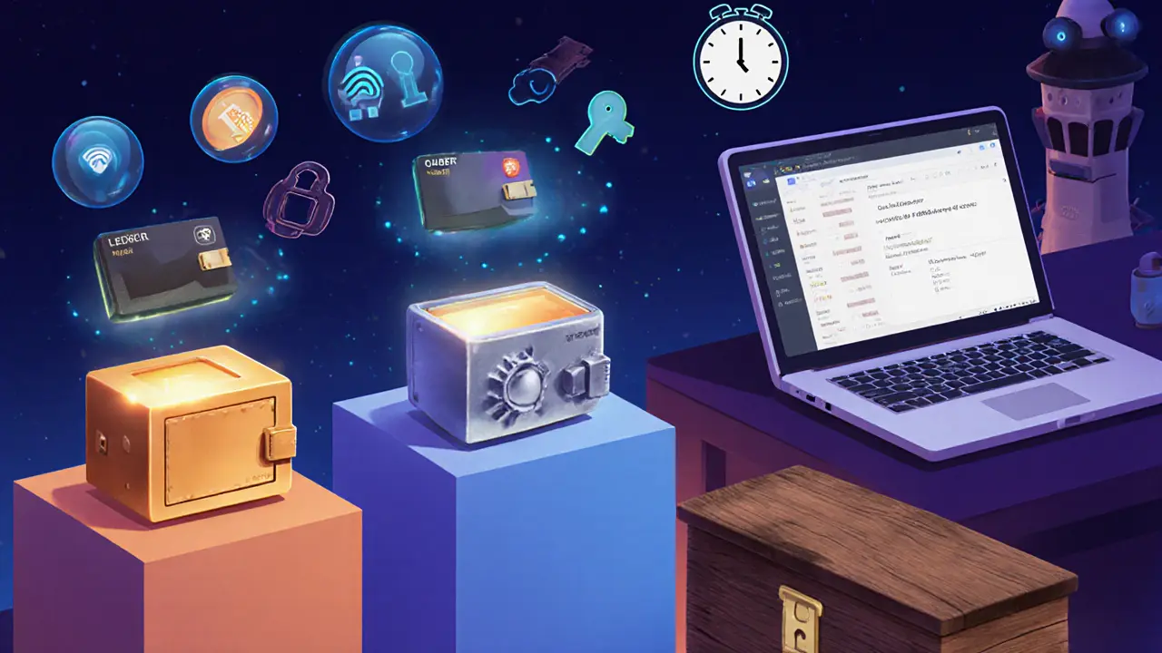 Three hardware wallets on separate pedestals with an air‑gapped laptop and MFA icons.
