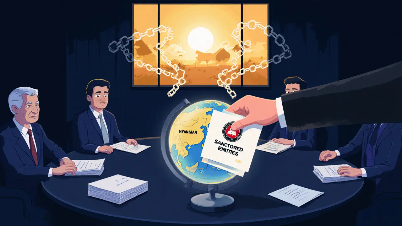 U.S. officials placing a sanction seal on a file as a broken chain symbolizes network disruption.