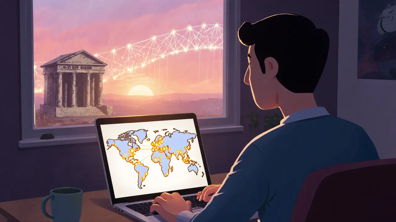User moves from bank to DeFi, laptop shows glowing decentralized network.