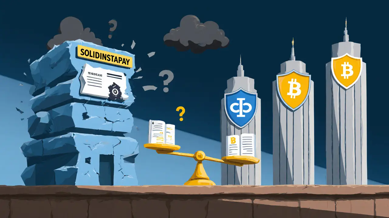 Comparison scene with shaky SOLIDINSTAPAY building versus sturdy regulated exchange towers on a scale.