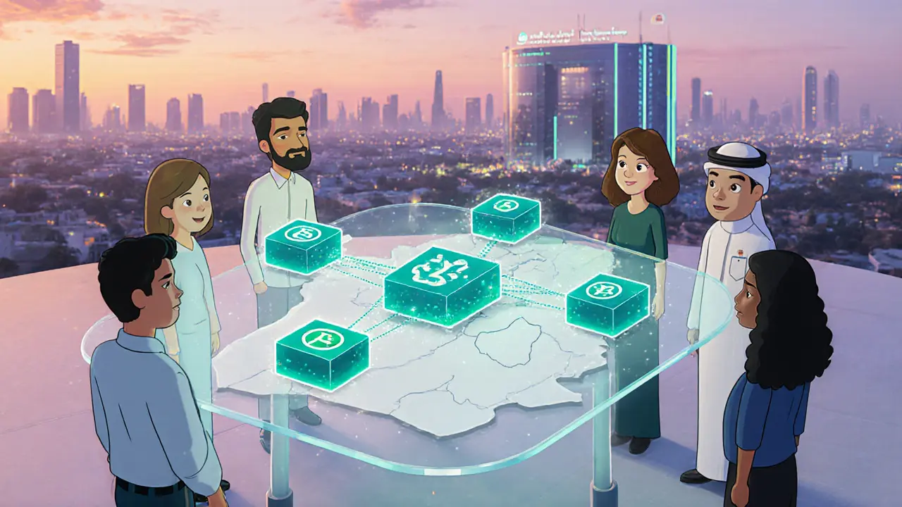 Entrepreneurs and officials view a holographic blockchain network over Kuwait.