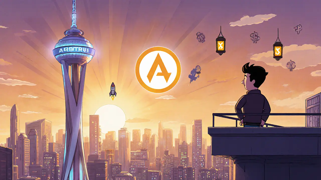 Futuristic city with Stylus tower and Uniswap mascot under a sunrise.