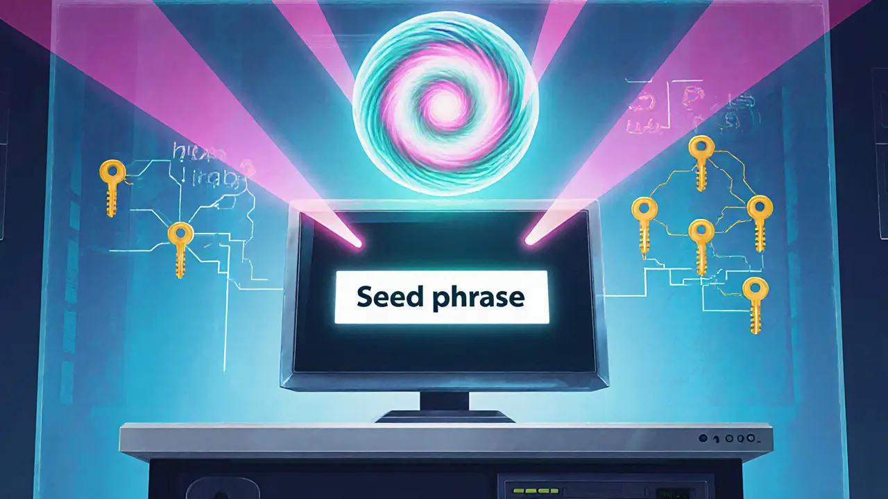 Illustration of a phrase entering a console that creates a seed orb and a key tree.