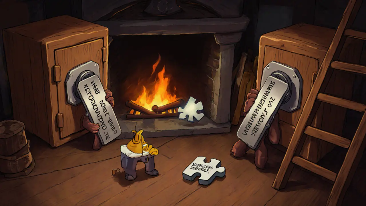 Secure metal plates with seed words stored in safes, cartoon characters protecting them.