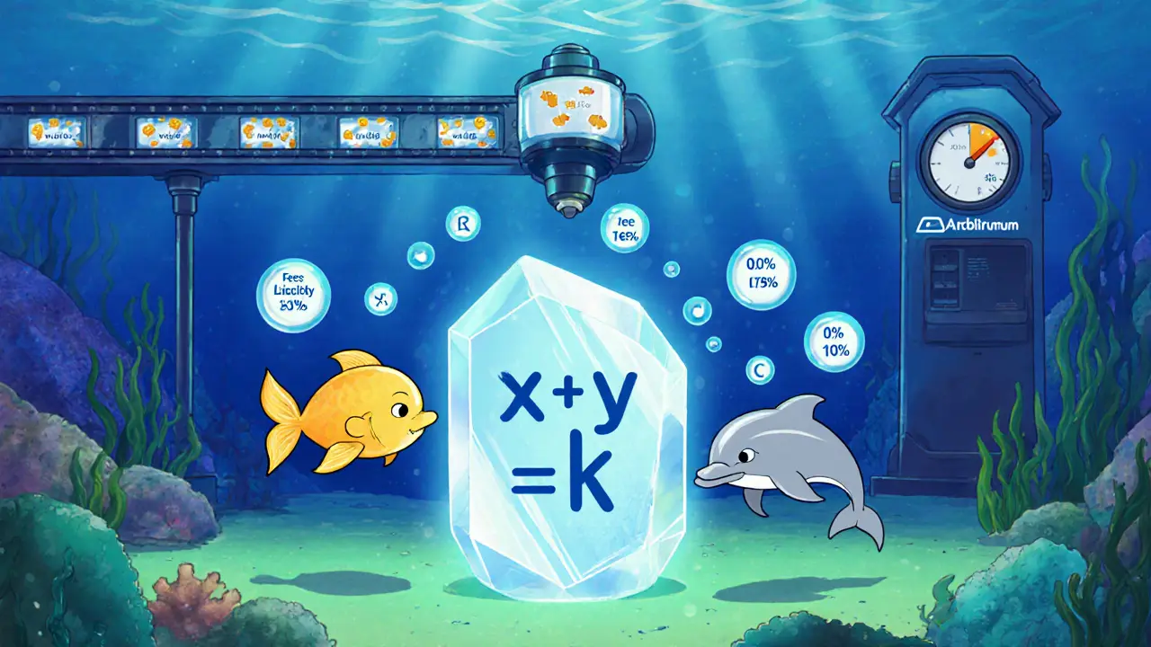 WETH fish and USDC dolphin swimming in a glowing liquidity pool with fee bubbles.