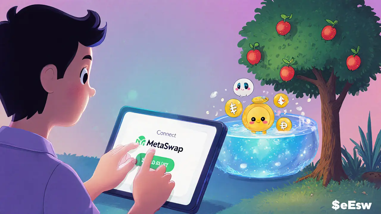 Animated character adds liquidity and stakes LP tokens in a farming garden.