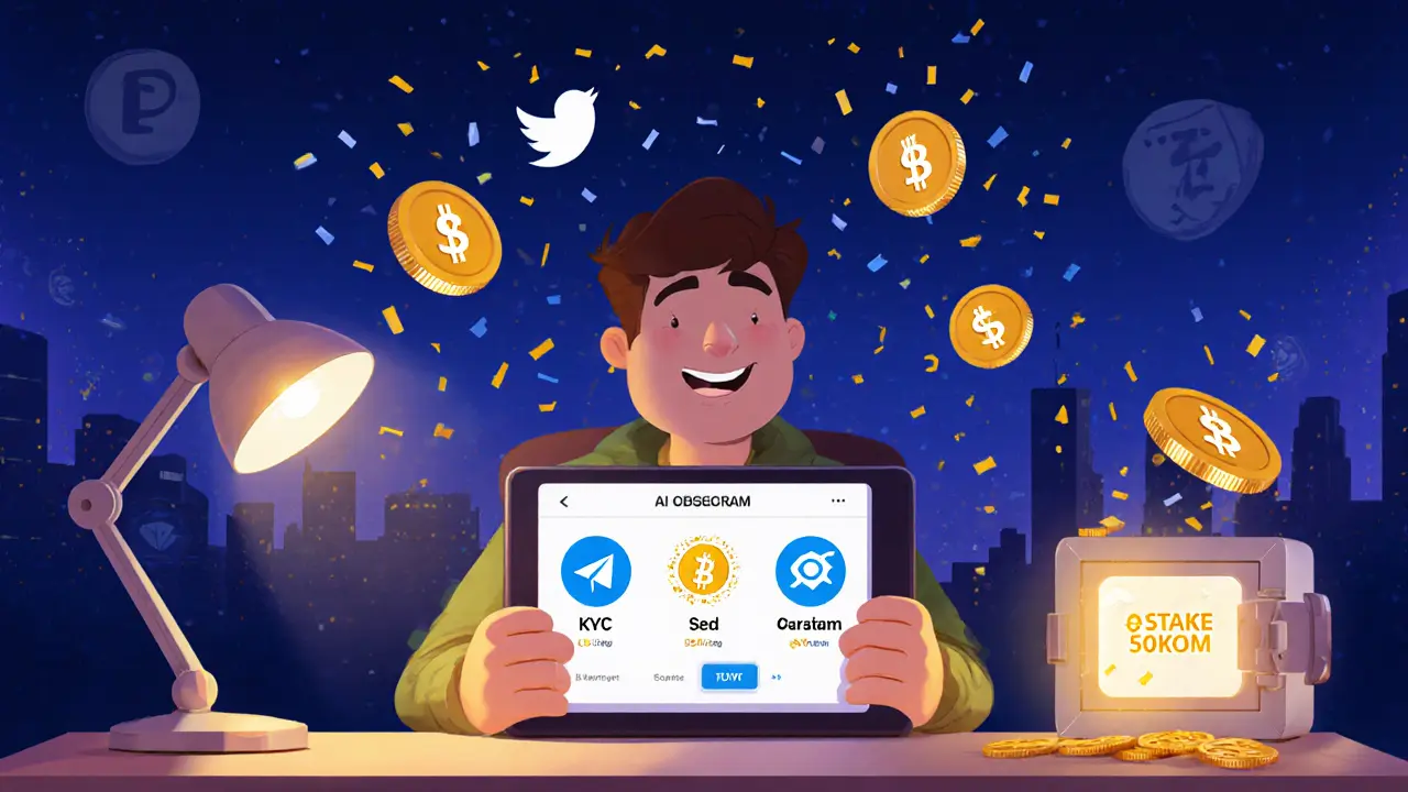 Animated user completing airdrop tasks, tokens floating around.