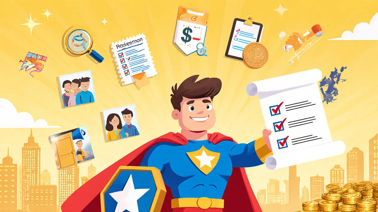 Cartoon hero guiding a user through safety checklist icons for crypto trading.