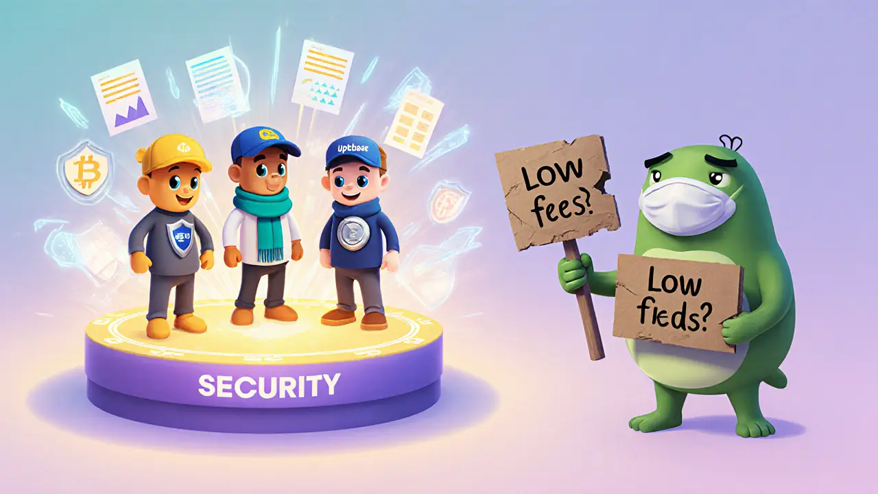 Cartoon showing friendly exchange mascots with shields beside a sneaky Bitsoda character.