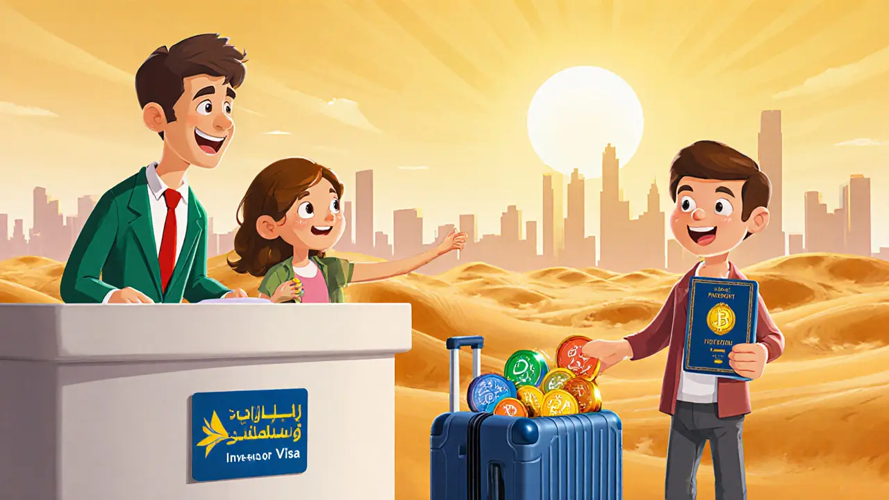 Family receiving investor visa with luggage of crypto tokens, UAE backdrop.