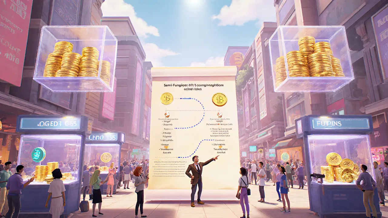 Futuristic metaverse market shows diverse ERC‑1155 assets and a roadmap for upgrades.