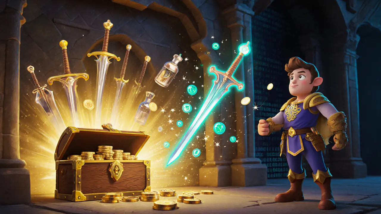 Game hero receives batch of swords, potions, and a legendary NFT from a treasure chest.