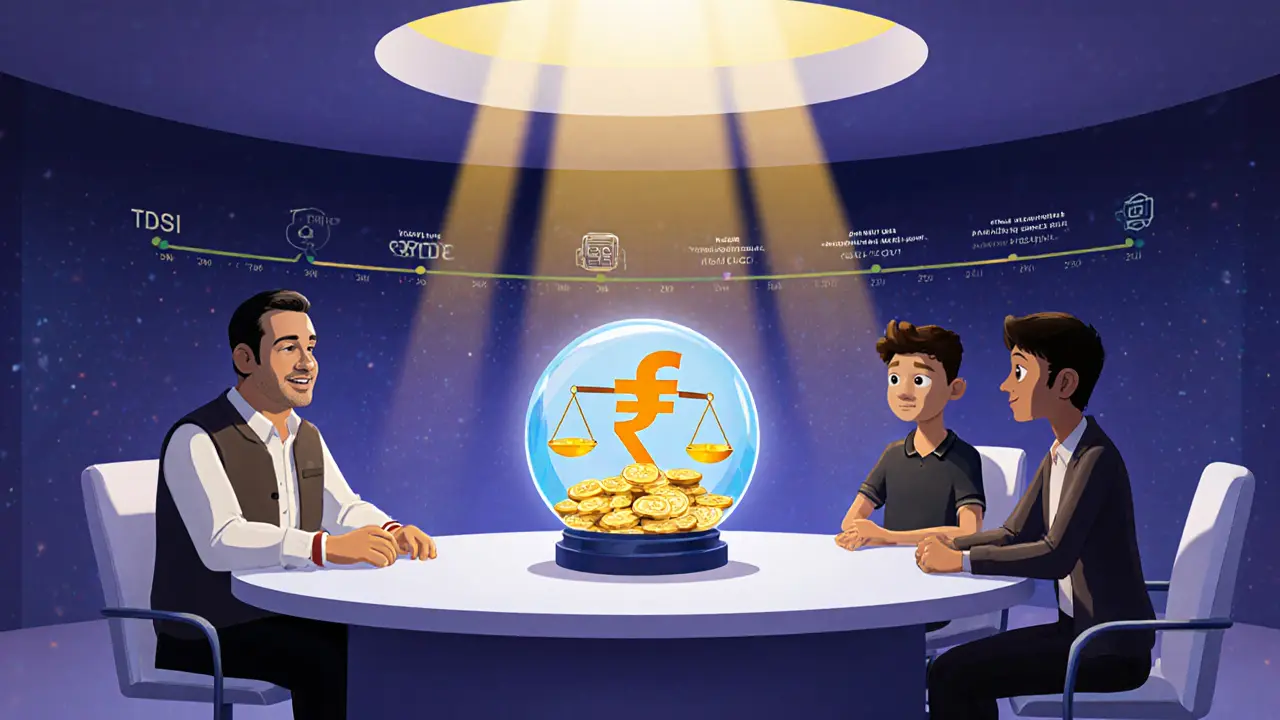 Panel discusses future crypto tax reforms with e‑Rupee crystal ball and scale.