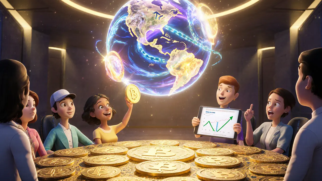 Pixar‑style council scene with avatars voting and $KOM tokens.