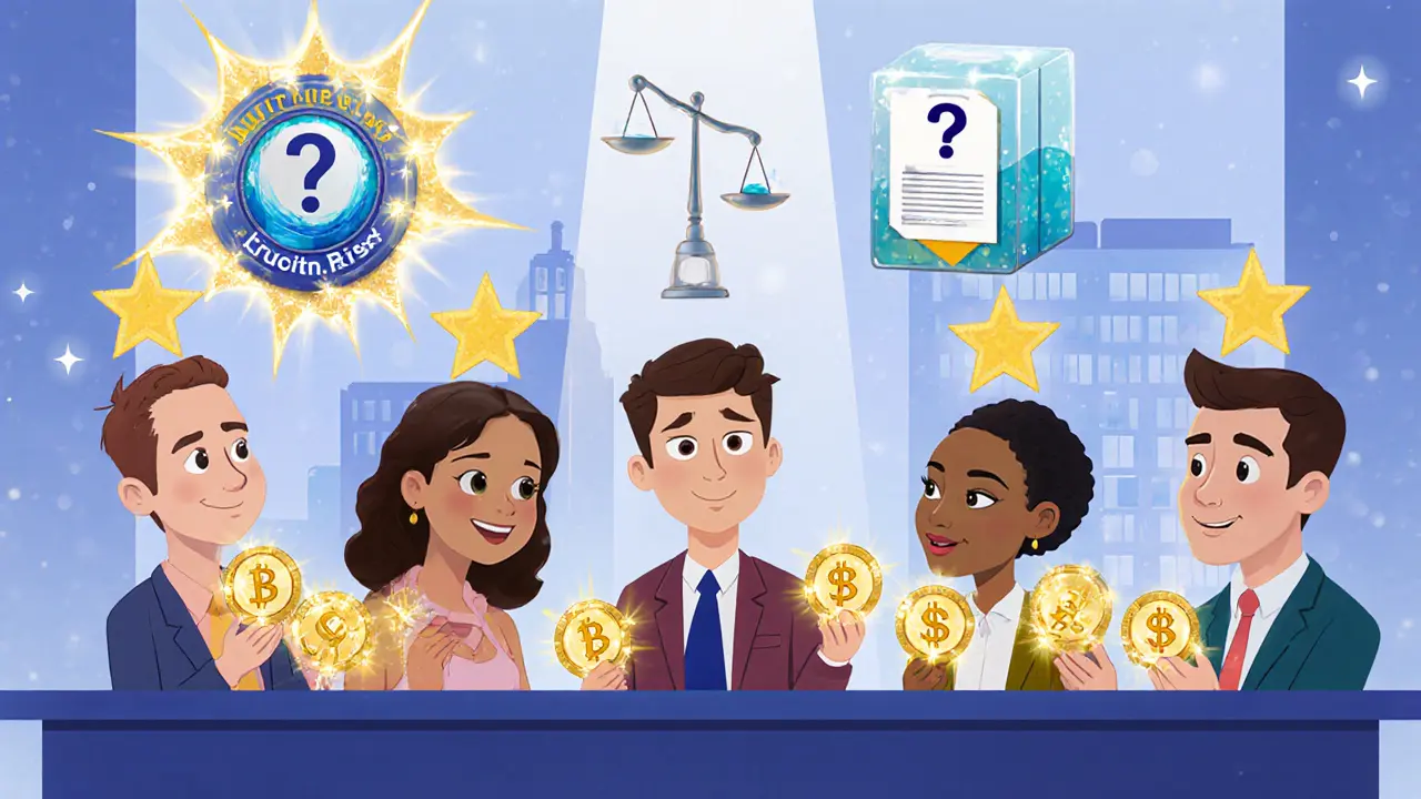 Pixar-style scene of governance voting, liquidity NFT, and risk‑reward balance.