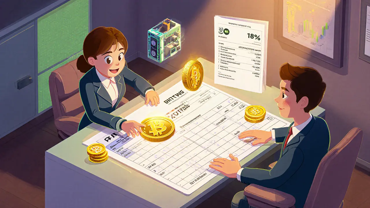 Robo‑accountant and user calculate 30% tax, 1% TDS, and GST on a holographic ledger.
