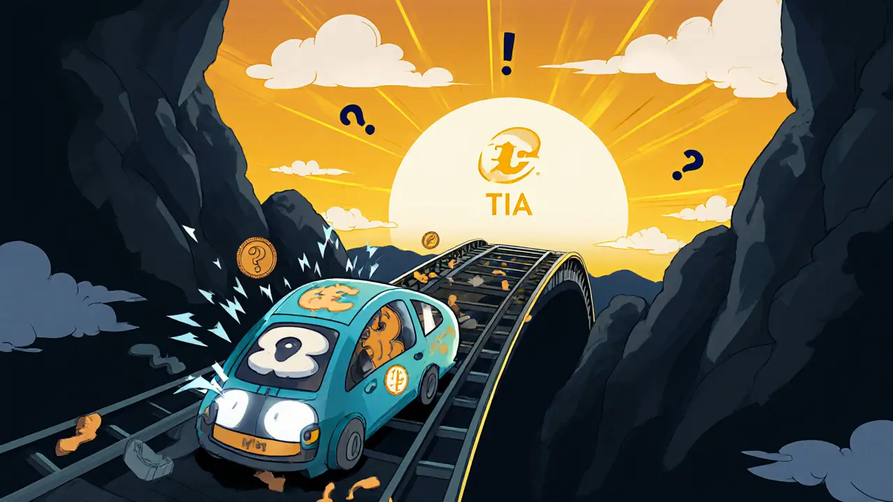 Roller‑coaster token car drops sharply, with sunrise hinting at future airdrops.