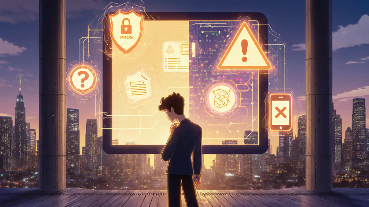 Trader weighing pros and cons of MetaTdex with security and fee icons.