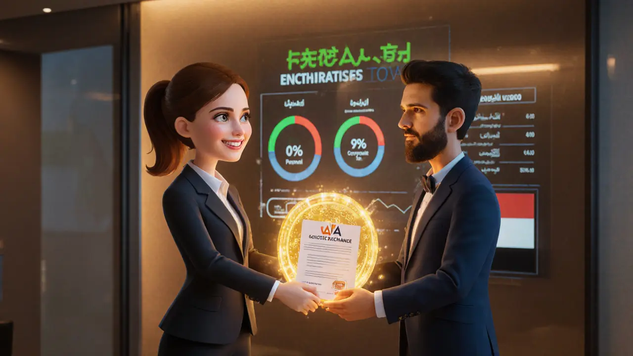 VARA regulator handing crypto license in modern office with tax info dashboard.