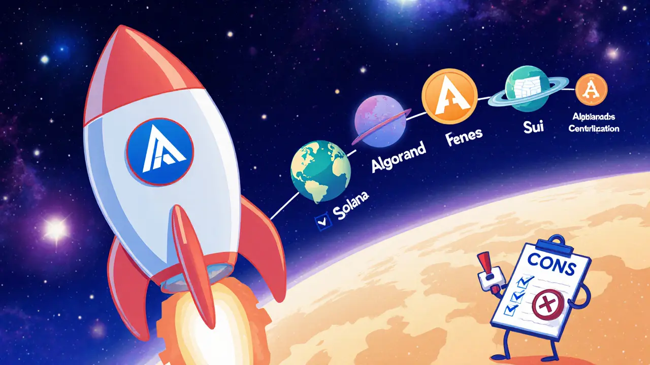 Allbridge rocket flying toward new blockchain planets with a pros and cons checklist.