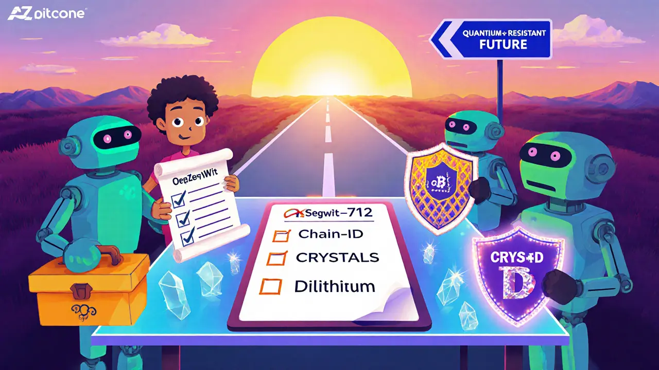 Cartoon developer robots review a holographic checklist with OpenZeppelin tools, BIP‑143 scroll, EIP‑712 shield, and Dilithium crystal.