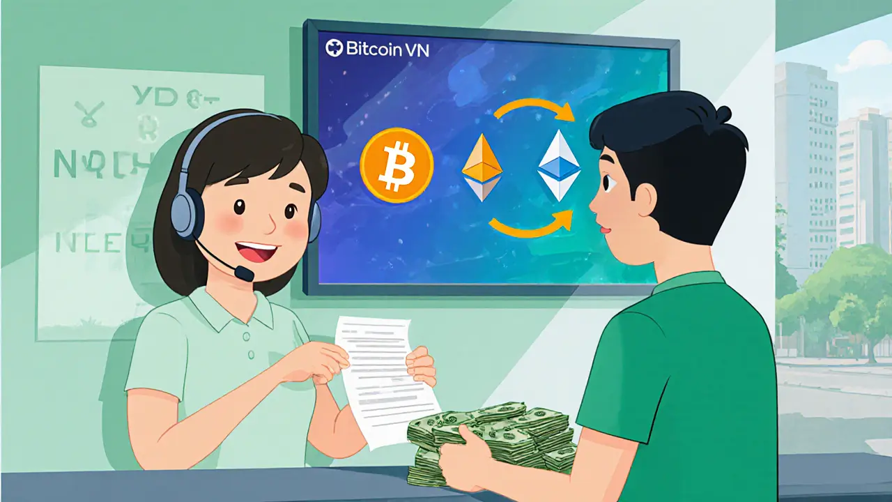 Cartoon of a cash office where a friendly staff member helps a customer exchange cash for crypto.