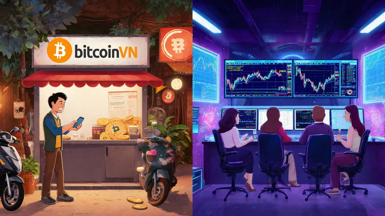 Cartoon split scene showing BitcoinVN kiosk in Vietnam beside a futuristic Bybit trading floor.