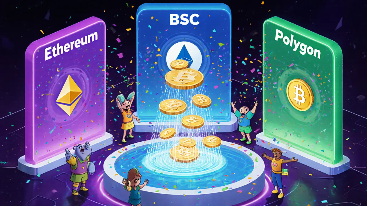 Colorful bridges linking Ethereum, BSC, and Polygon with ISP tokens flowing into a staking pool and game arena.