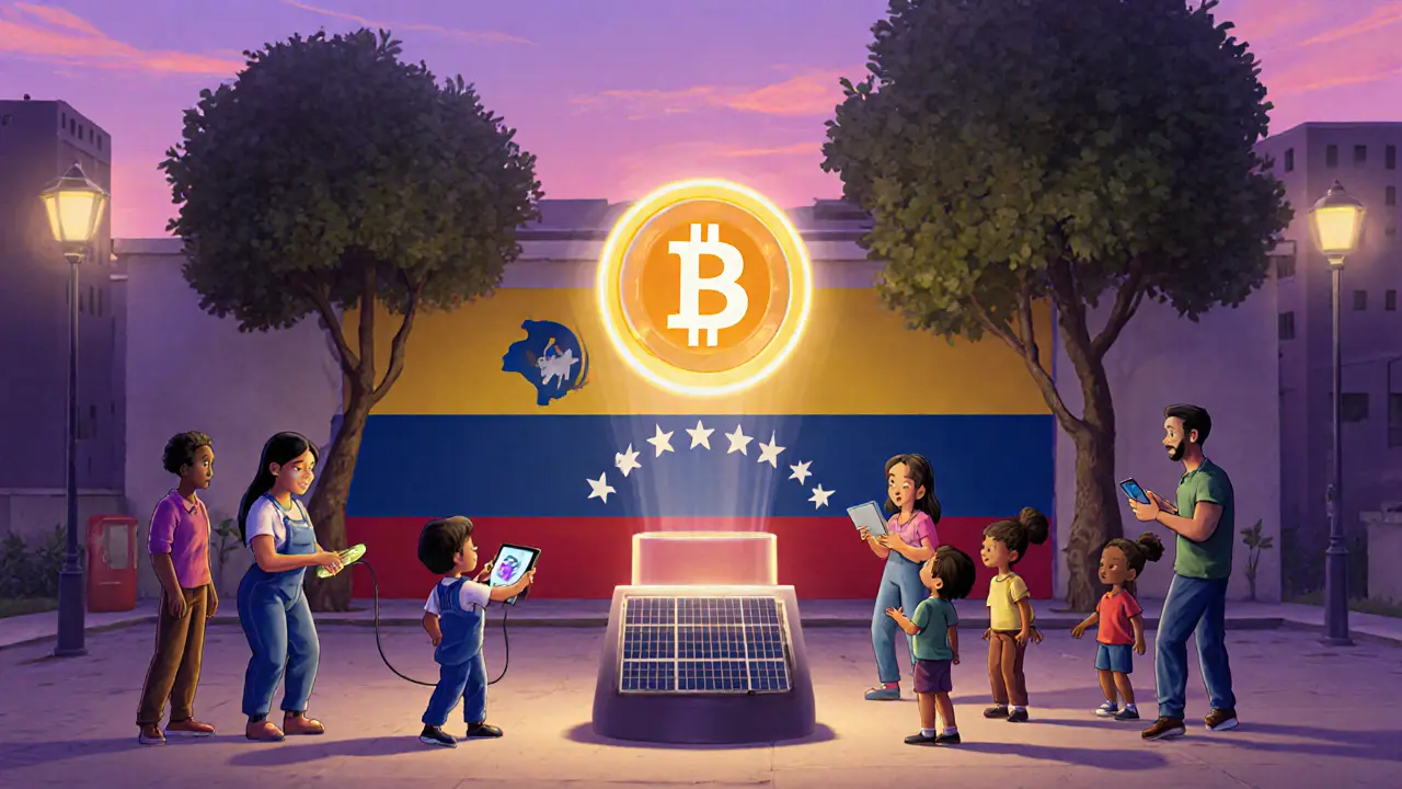 Community square at dusk with solar devices and glowing community stablecoin token.