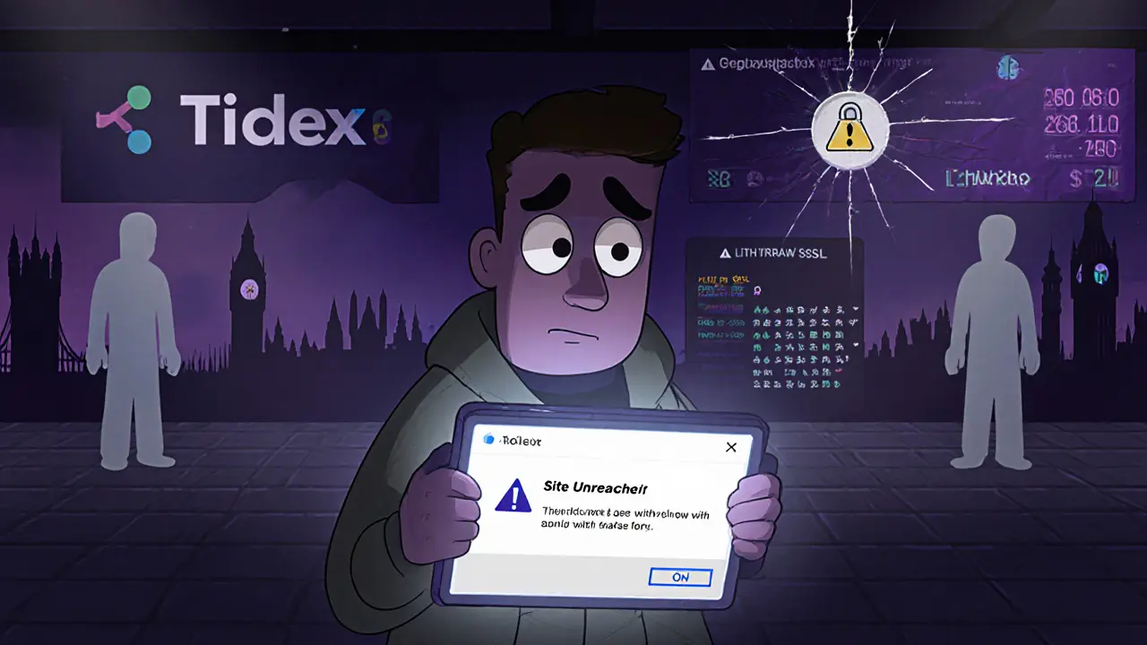 Concerned character checks a broken Tidex site at dusk, with warning signs and fading logos.