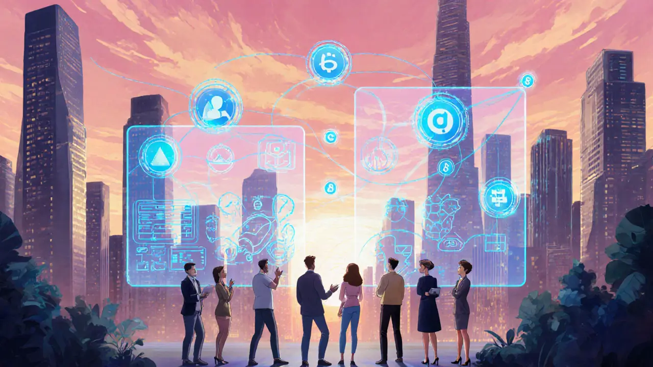 Futuristic virtual office city with holographic screens showing AI talent matching and NFT marketplace.