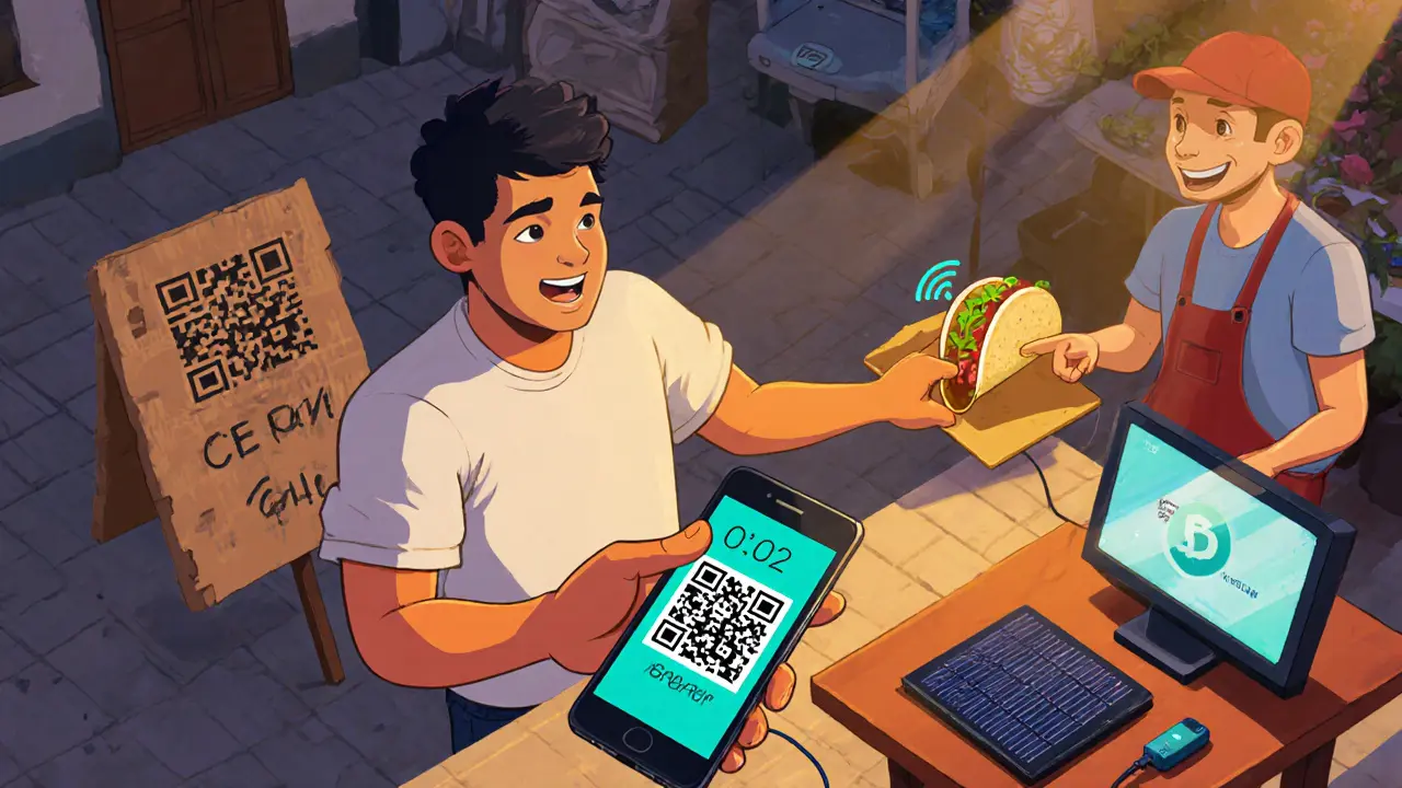 Man paying for taco with USDT QR code, solar charger and Wi‑Fi hotspot nearby.