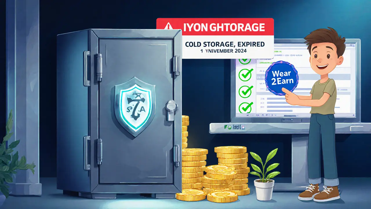 Playful vault scene shows cold storage, 2FA shield, SSL warning, NFT badge and staking plant.