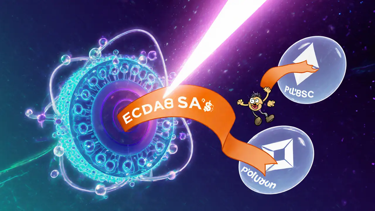 Quantum computer attacks a stretchy ECDSA ribbon while a sprite tweaks it, and the ribbon reappears on multiple chain icons.