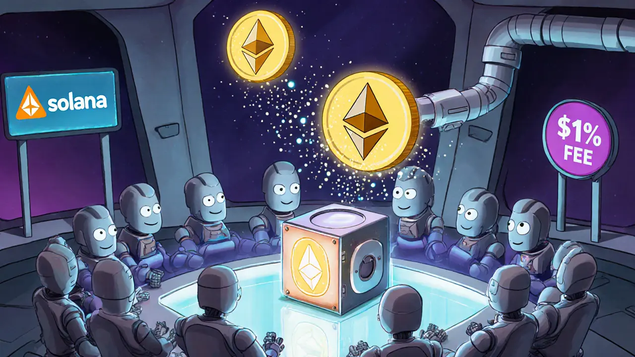 Robotic validators processing token lock, mint, and ABR discount sparkles in a hub.