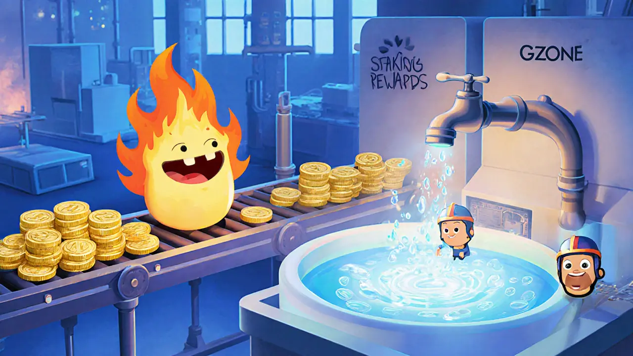 Animated factory with token burning flame and faucet feeding staking reward pool.