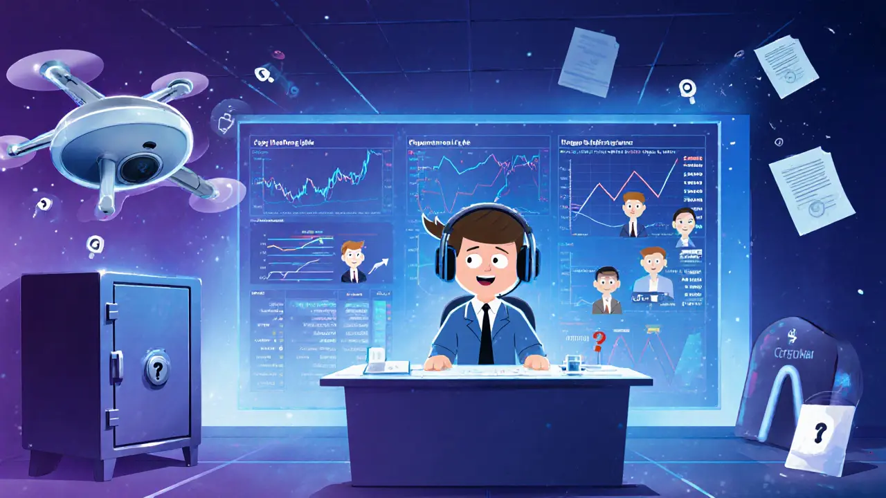 Cartoon trader uses holographic console showing spot, futures, copy‑trading and AI tools, with a hint of security uncertainty.