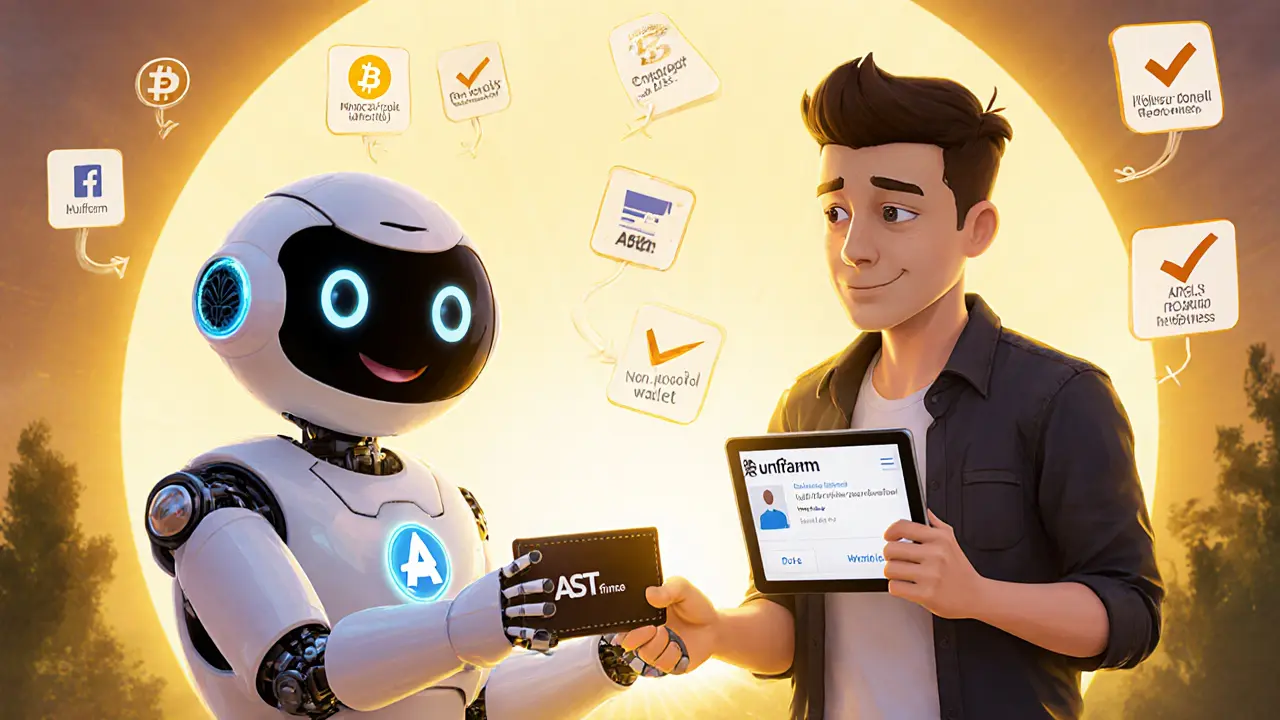 Friendly robot gives a hardware wallet to a user with safety checkmarks in Pixar style.