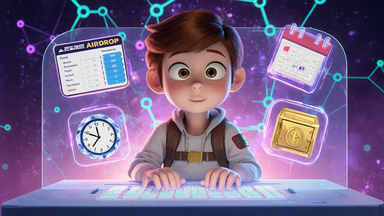 Pixar cartoon character reviewing holographic airdrop checklist with blockchain icons.