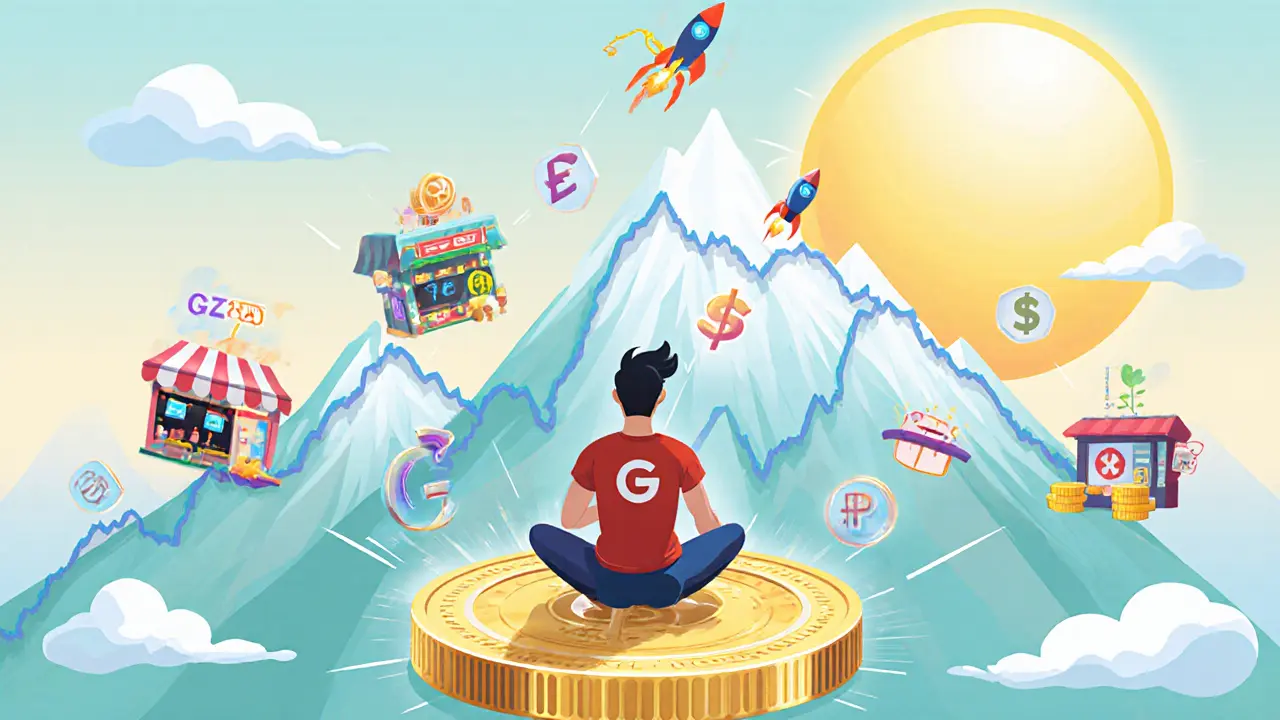 Pixar‑style gamer on a token platform climbing a rising price chart mountain.