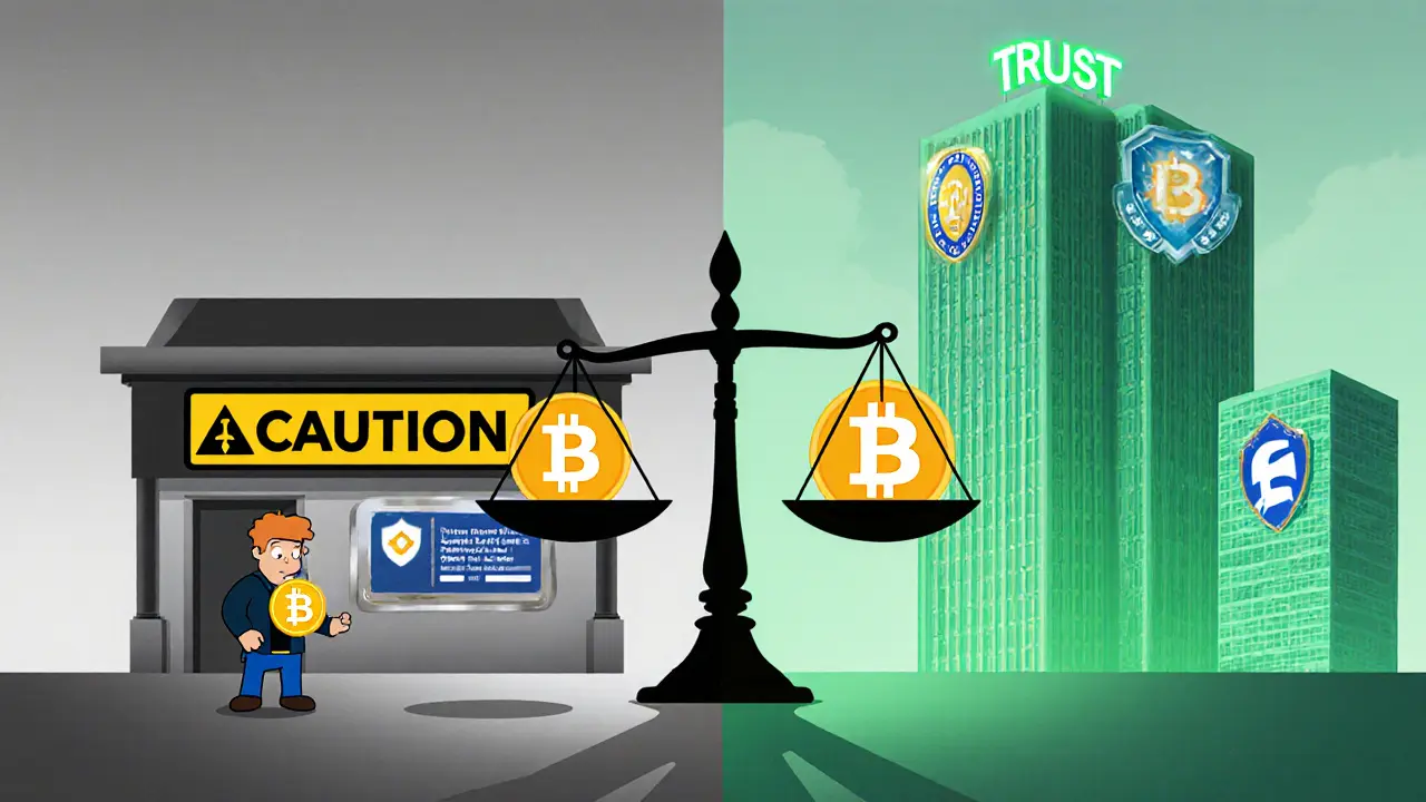 Split illustration compares Coin8’s risky vibe with Binance and Coinbase’s trusted, licensed appearance.