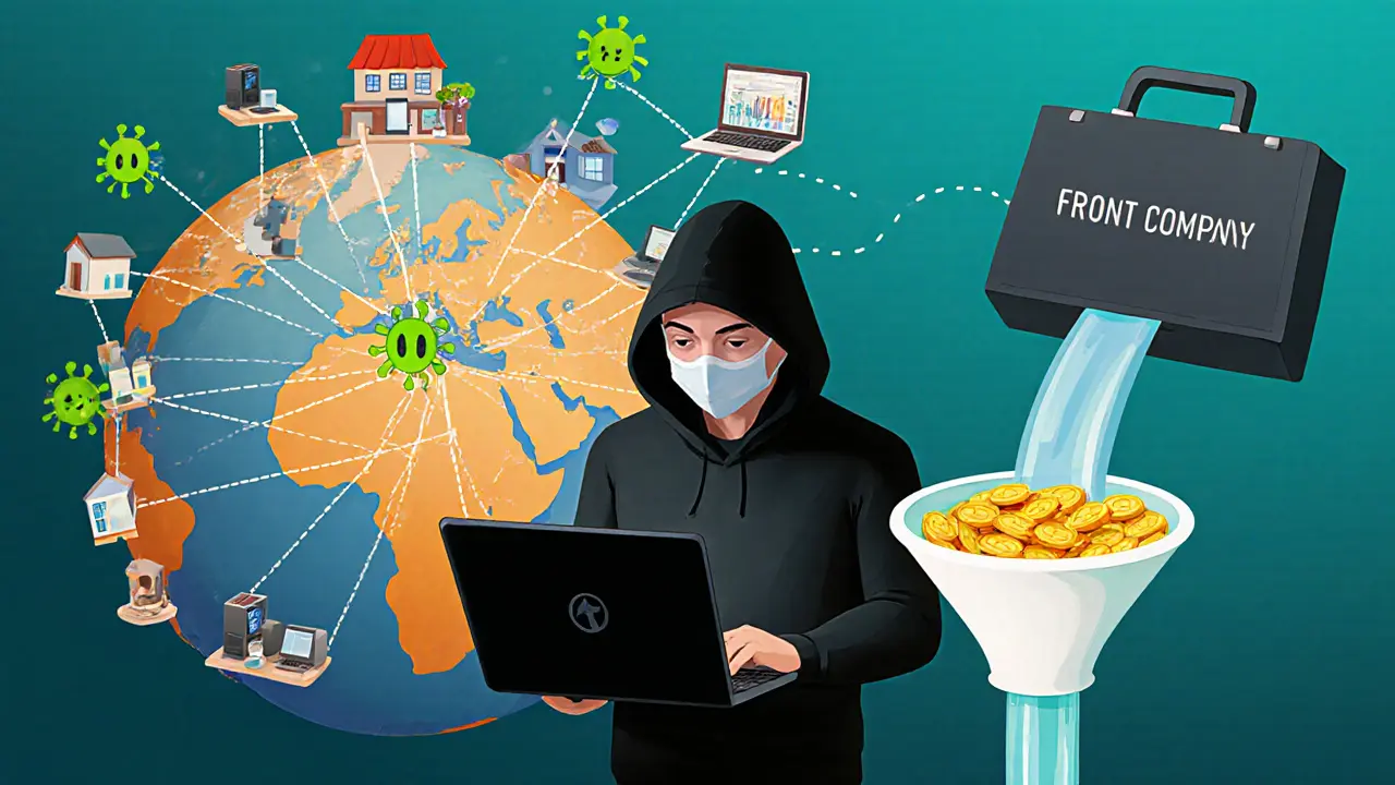 Animated hacker spreading cryptojacking to worldwide computers via a crypto mixer.