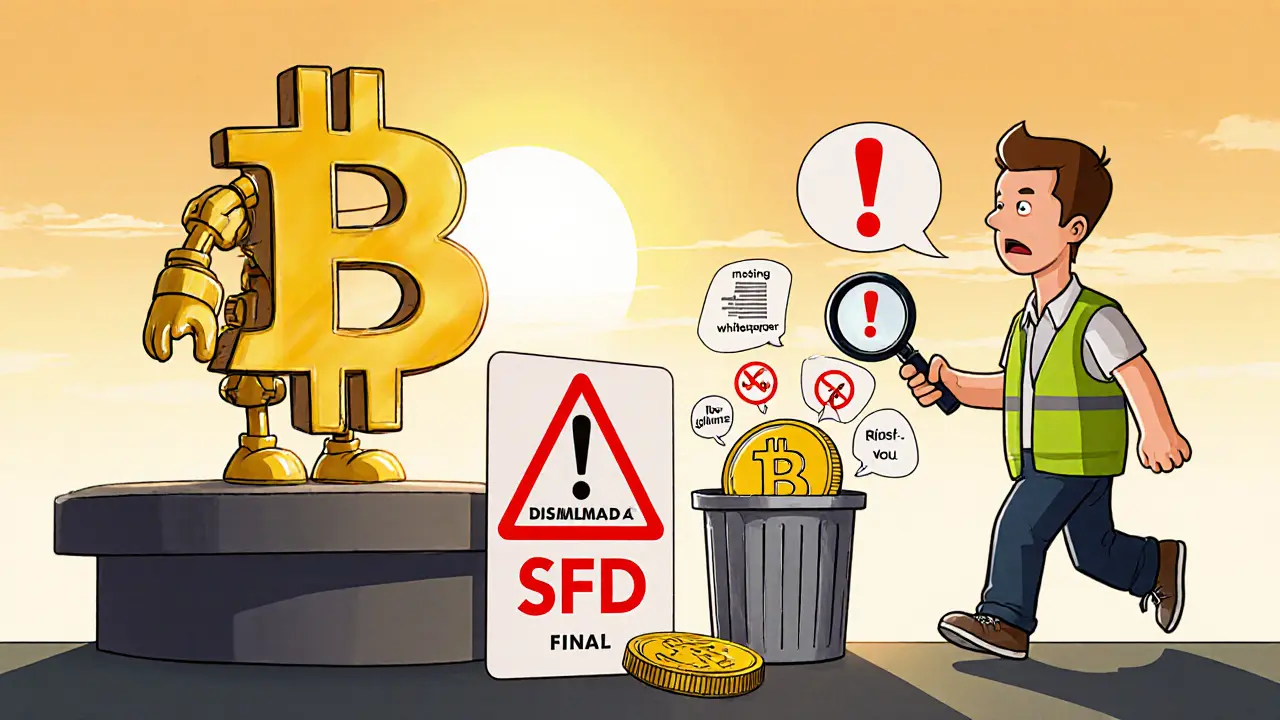 Bitcoin character on a podium while a discarded SFD coin sits in a trash bin with warning signs.