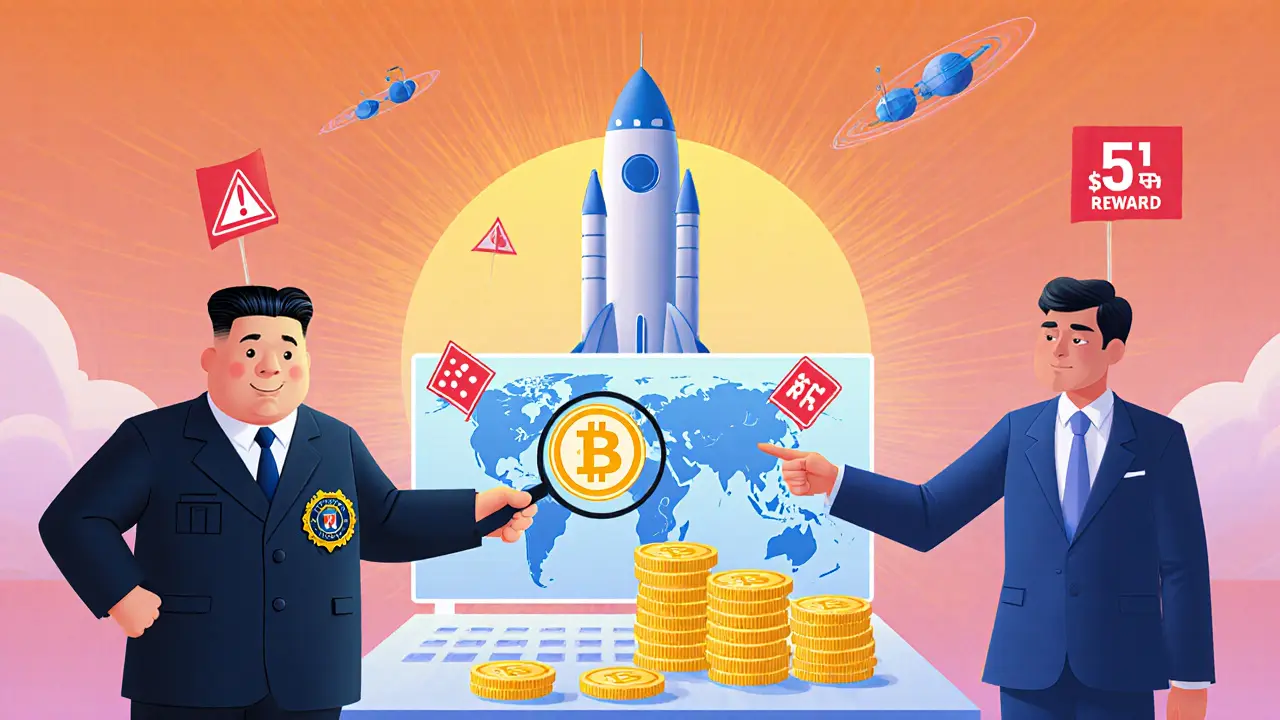 Cartoon FBI, UN, and Treasury officials confronting a missile funded by crypto.